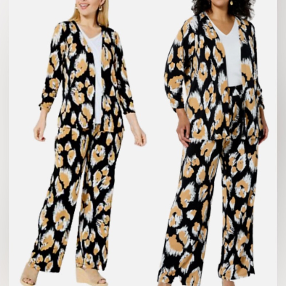 NWT IMAN Global Chic Print Black and Tan Two-Piece Pant Set